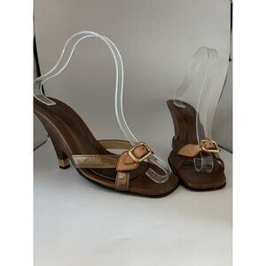 LOUIS VUITTON Square Toe LV Brown Mules Sandals size 39.5 Heels
